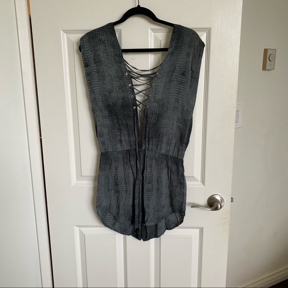 Indah Blue Snake Print Short Romper w/ Lace up Front and Back - Picture 2 of 9